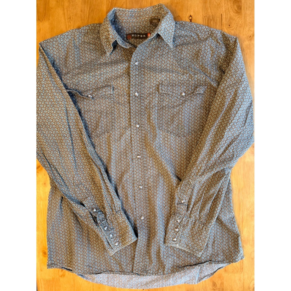 Roper Mens Western Pearl Snap Shirt Brown Blue Paisley Long Sleeve Size Medium